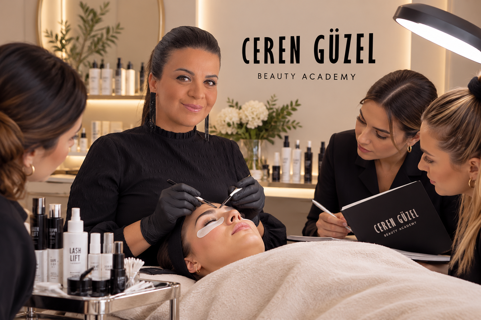 Ceren geeft een Lash Lift-training in haar salon in Den Haag: een cliënte ligt op de ligbed en twee deelneemsters kijken toe, met op de wand CEREN GÜZEL BEAUTY ACADEMY